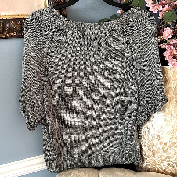 VINCE Gray Metallic Chainlink Gray Sweater Knit Top 3/4 Sleeves Crew Neck - Picture 3 of 11